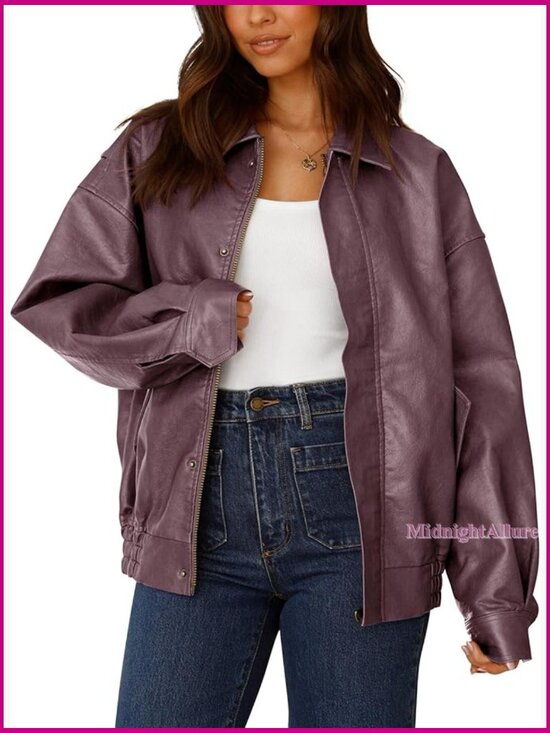 Jackets & Blazers - Oversized Faux Leather Motorcycle Jacket with Zipper Closure Long Sleeve